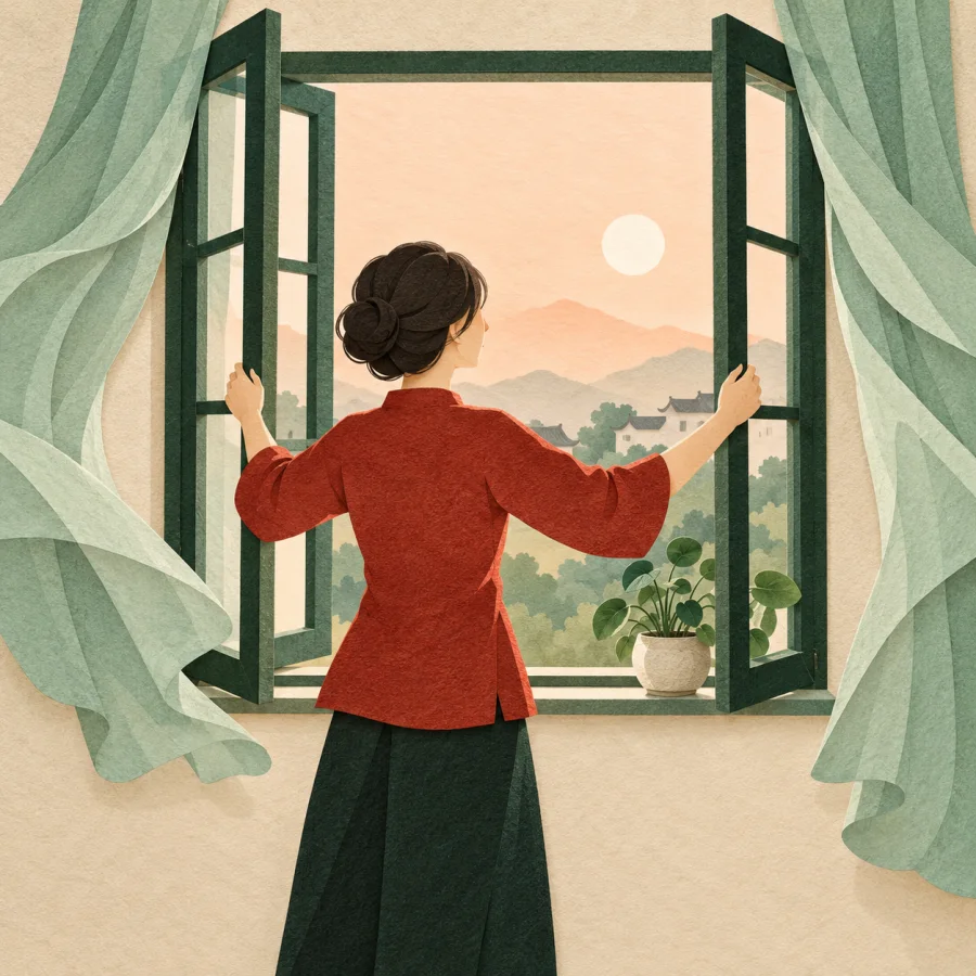 A person opening a window with billowing curtains