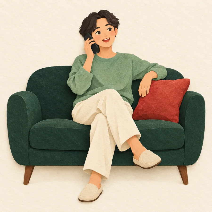 A smiling person on a sofa talking on the phone