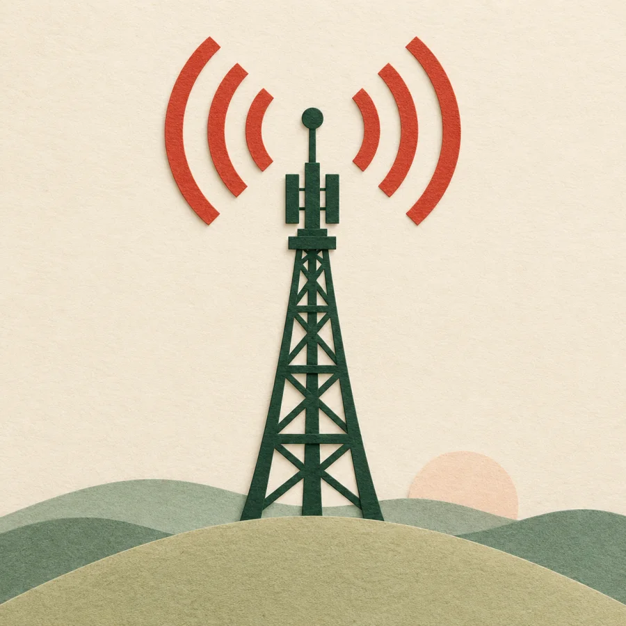 A tall communications mast on a hill with signal waves