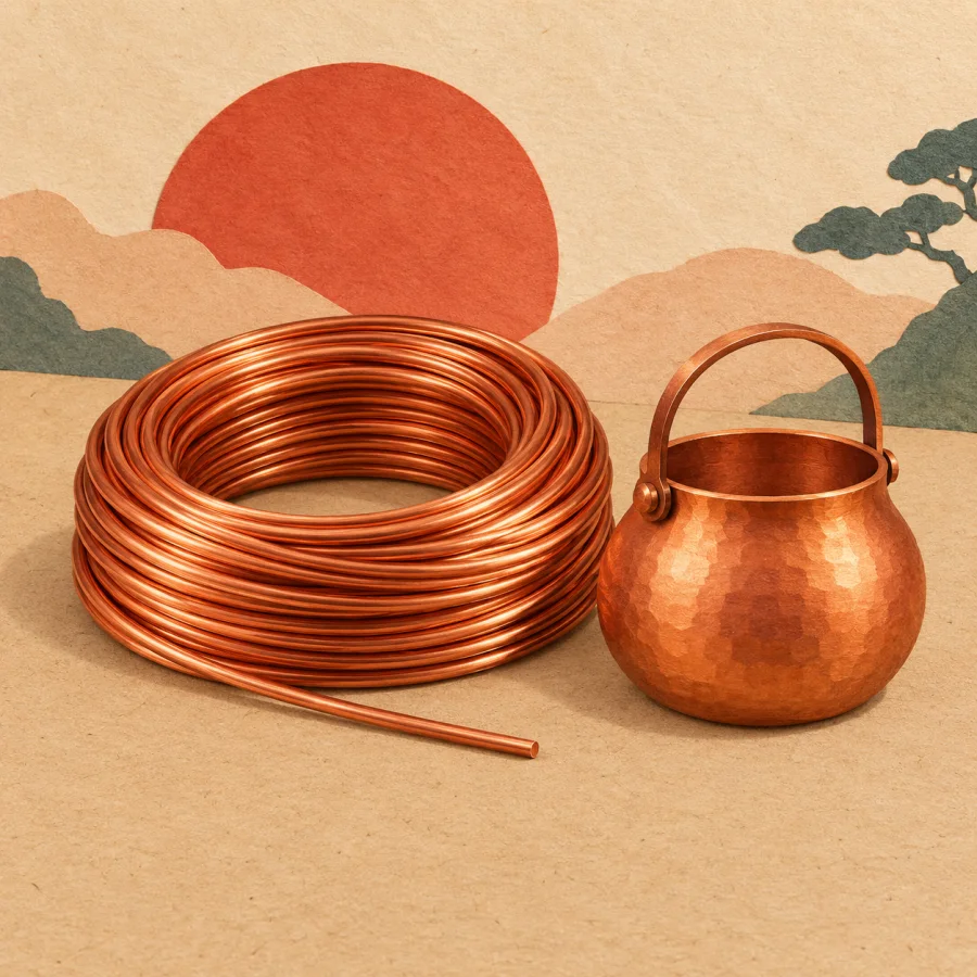 A coil of copper wire beside a copper pot