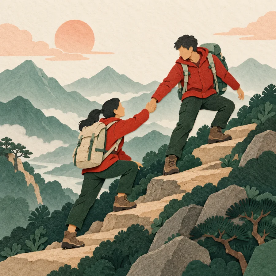 Two hikers with backpacks climbing a mountain trail