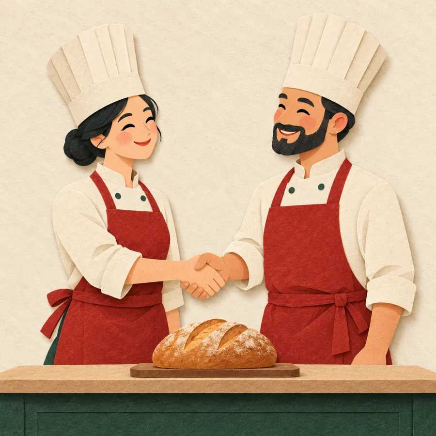 Two chefs in tall hats shaking hands