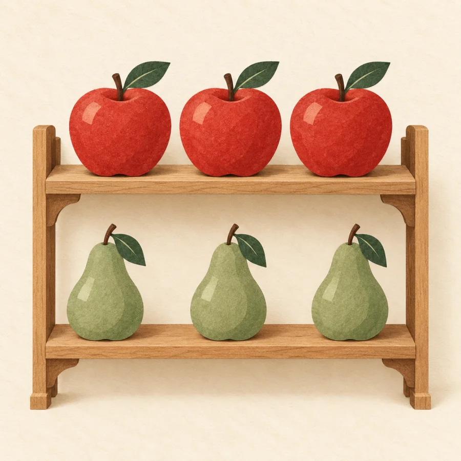 Three identical red apples together on one shelf