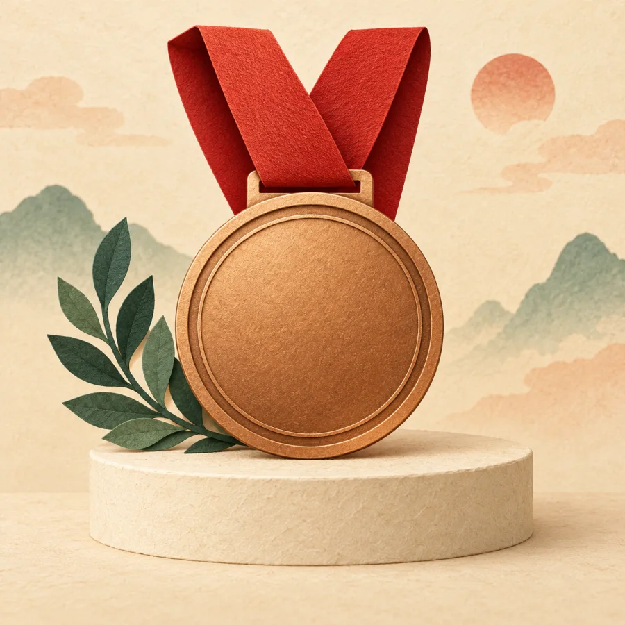 A bronze medal on a red ribbon lies on a table