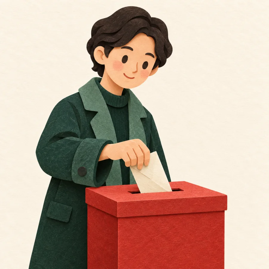 A person drops a paper ballot into a box