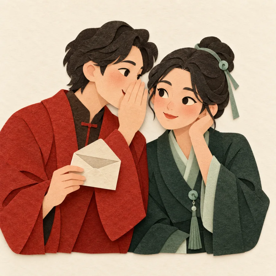 A person whispers into another person's ear holding an envelope