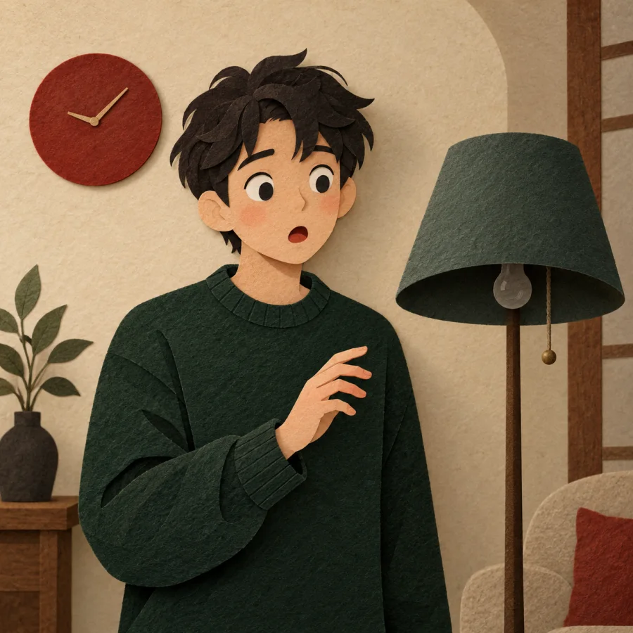 A surprised person looks at a lamp that suddenly went out