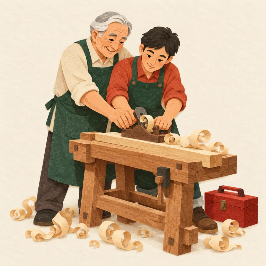 A master shows a young helper how to work with wood