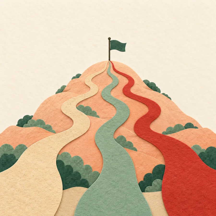 Several paths lead to one goal on a hill