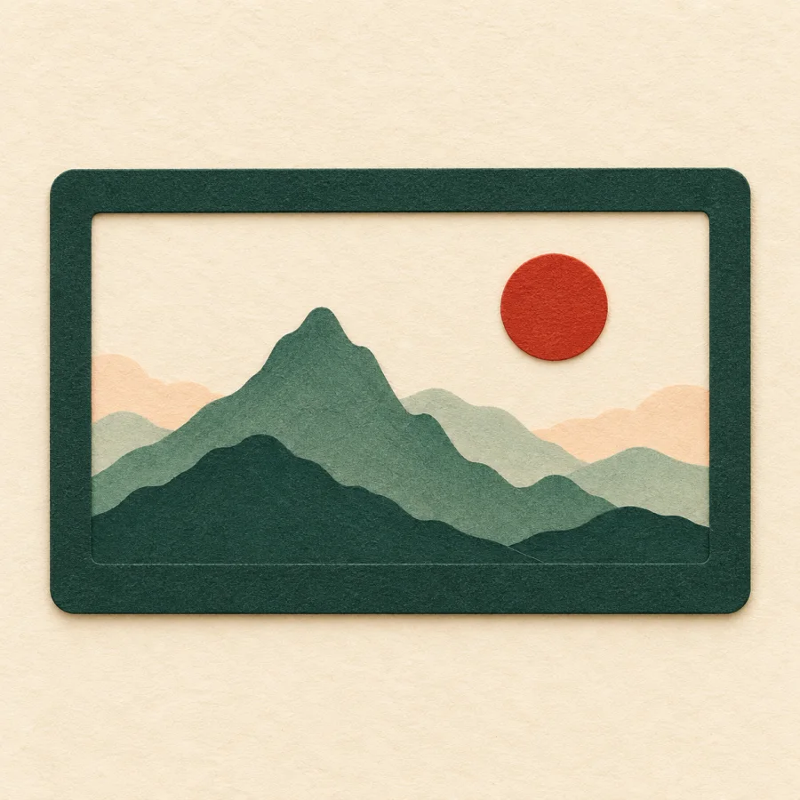 A framed picture of mountains and a sun on a screen
