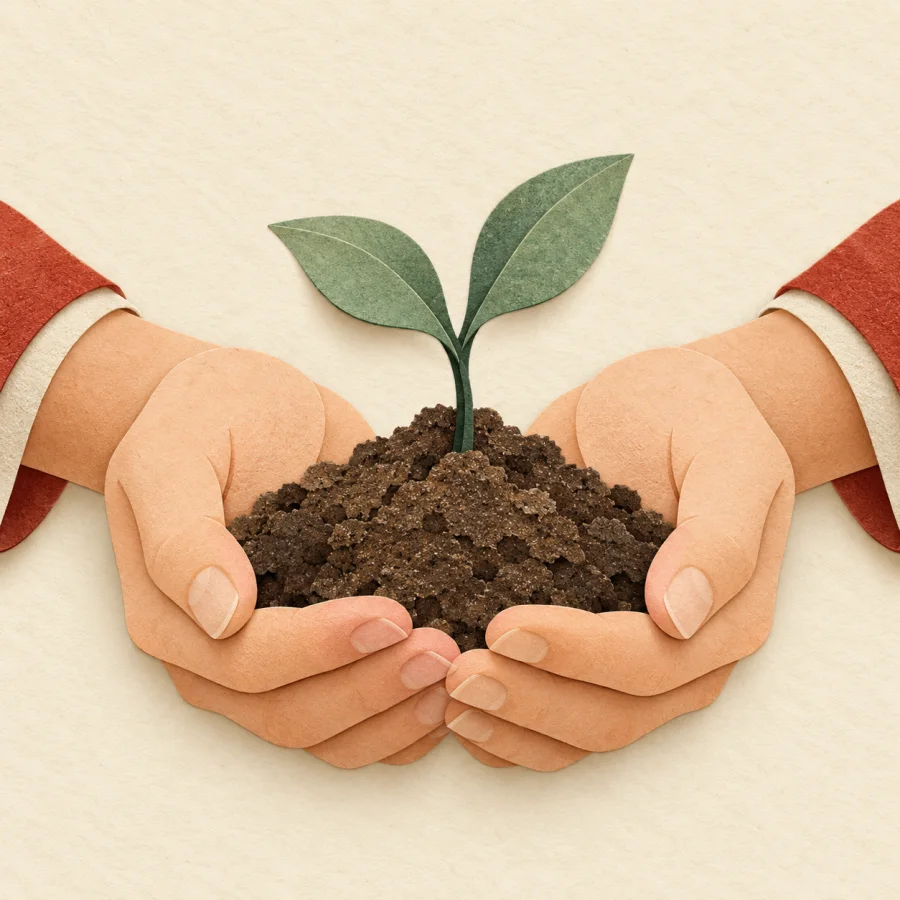 Hands hold a handful of dark soil with a sprout