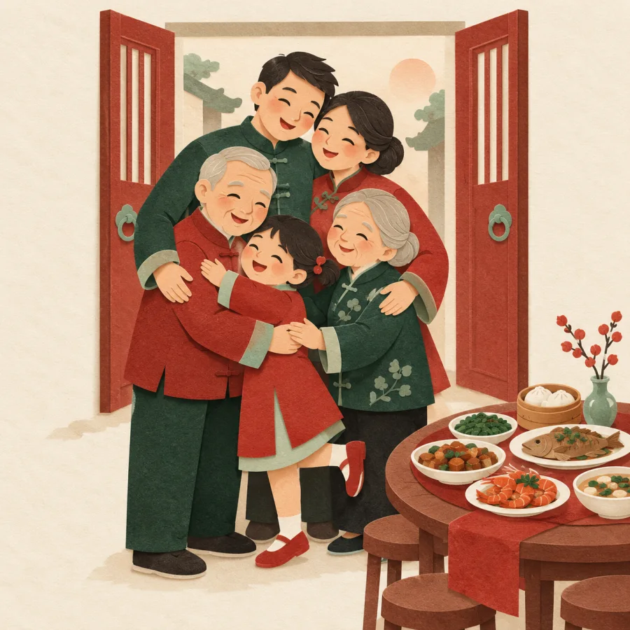 A family hugs around a laid round table