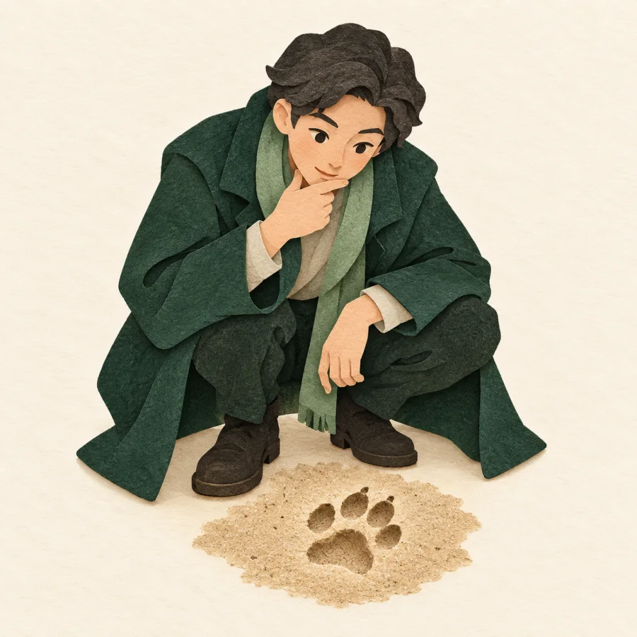 A thoughtful person crouches to look at a print in the sand
