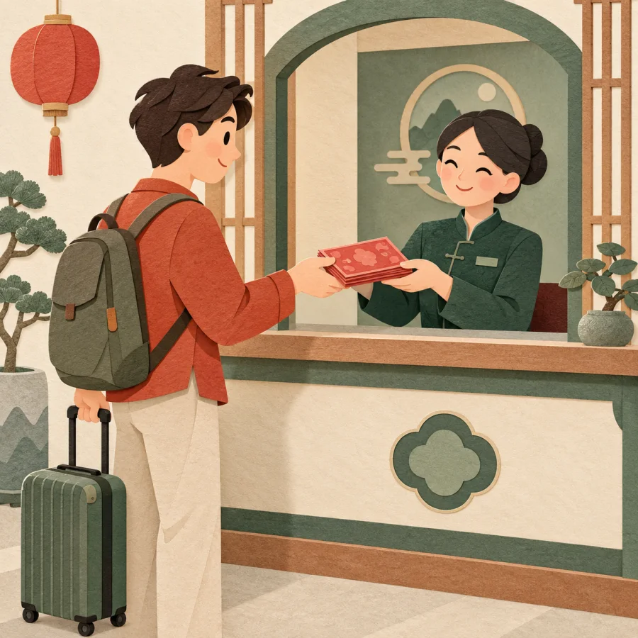 A person receives money back at a counter window