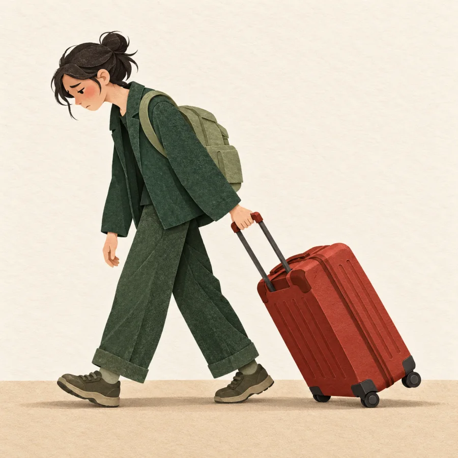 A person drags a heavy suitcase along the ground