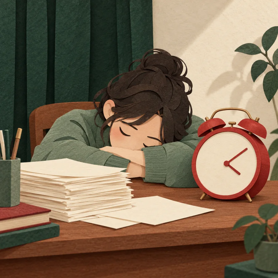 A person sits at a desk while a big clock shows a late hour