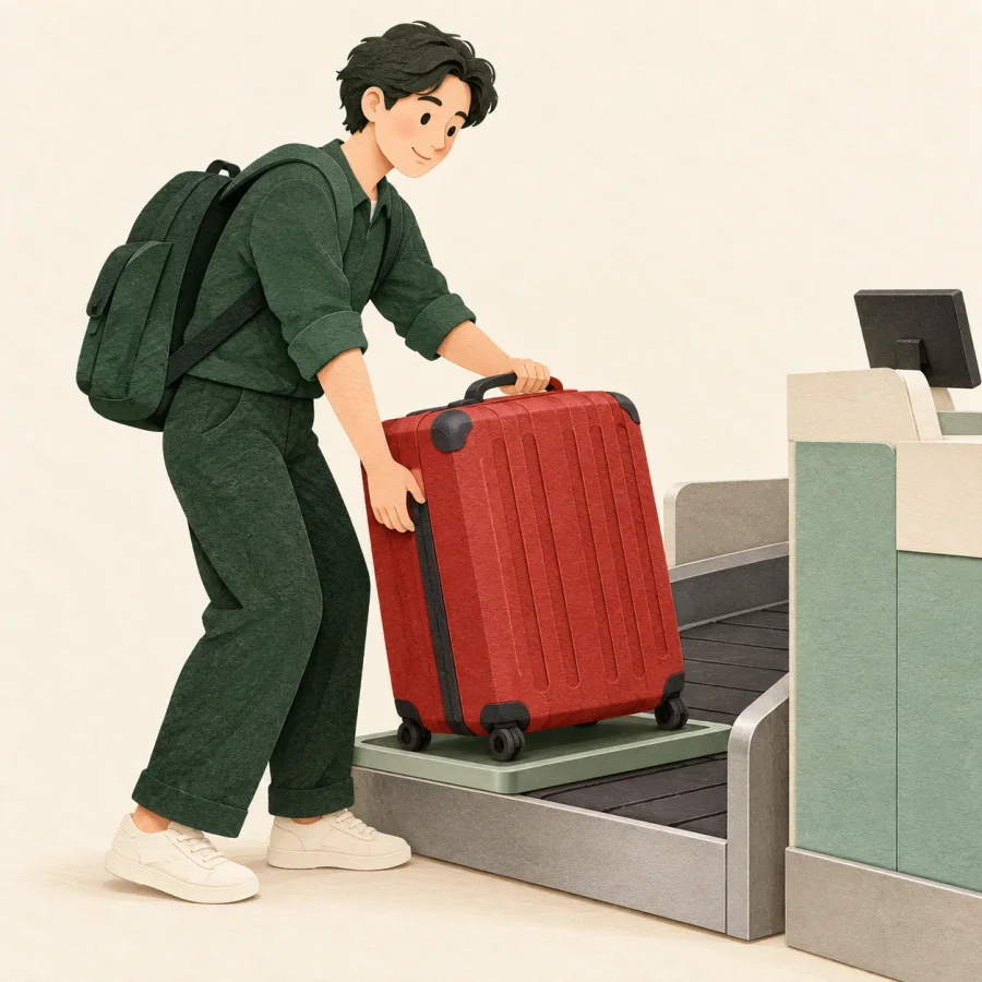 A person puts a suitcase on the belt at a counter