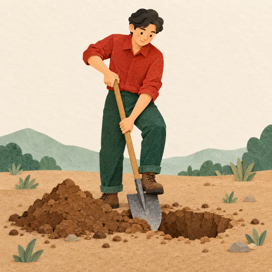 A person digs a hole in the ground with a shovel