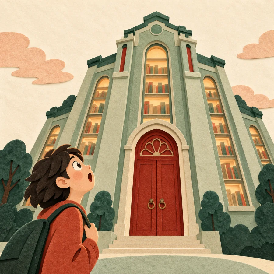 An amazed person with an open mouth looks at a building