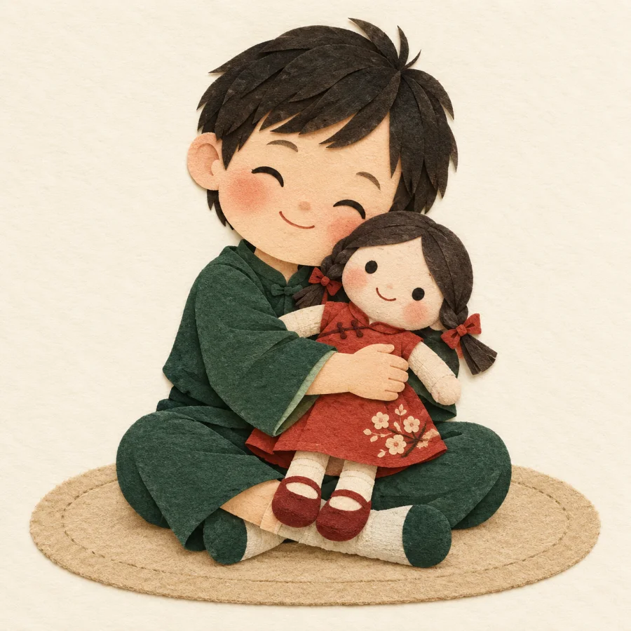 A child hugs a soft cloth doll