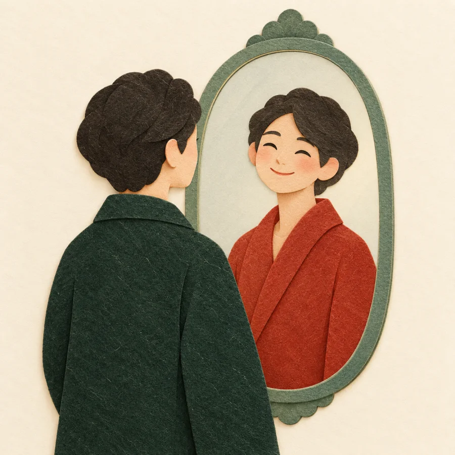 A person before a mirror whose reflection is smiling