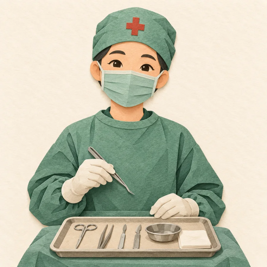 A doctor in a mask holds a scalpel above a table