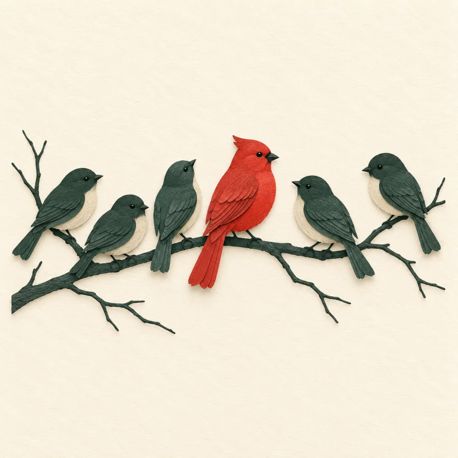 An unfamiliar bird sits among local birds on a branch