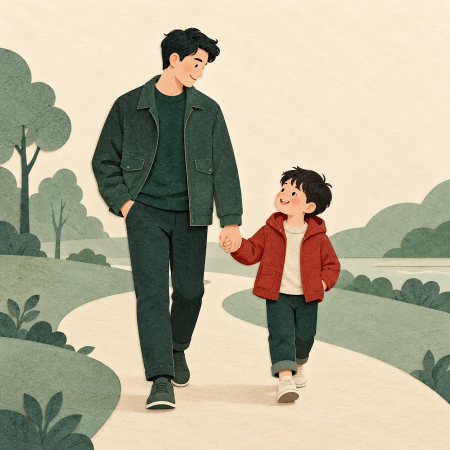 An adult holds the hand of a small boy in a park