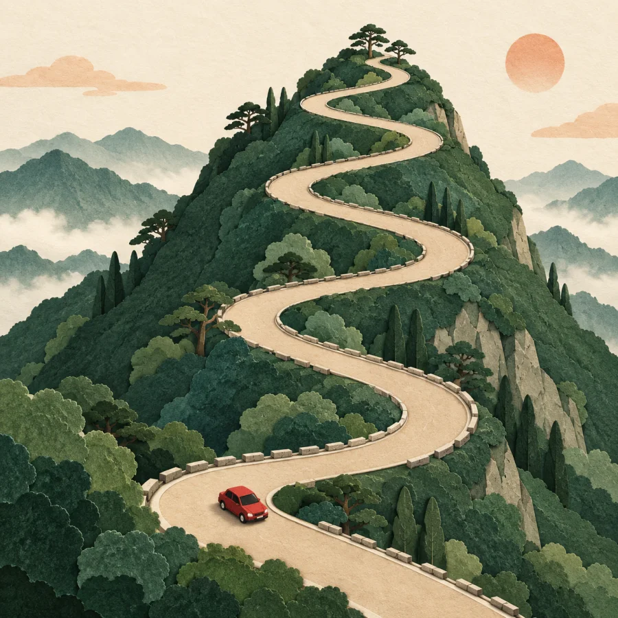 A winding road snakes up a green hillside