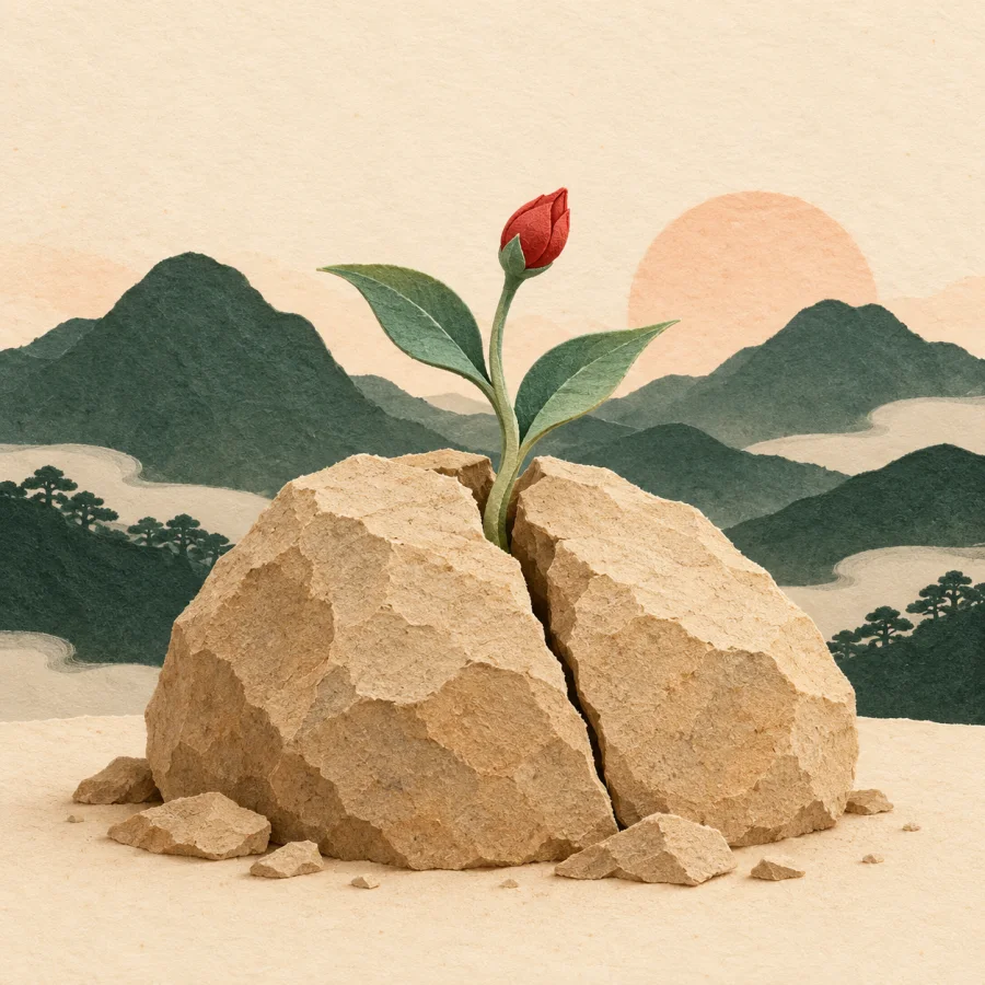 A small sprout pushes through a crack in a rock