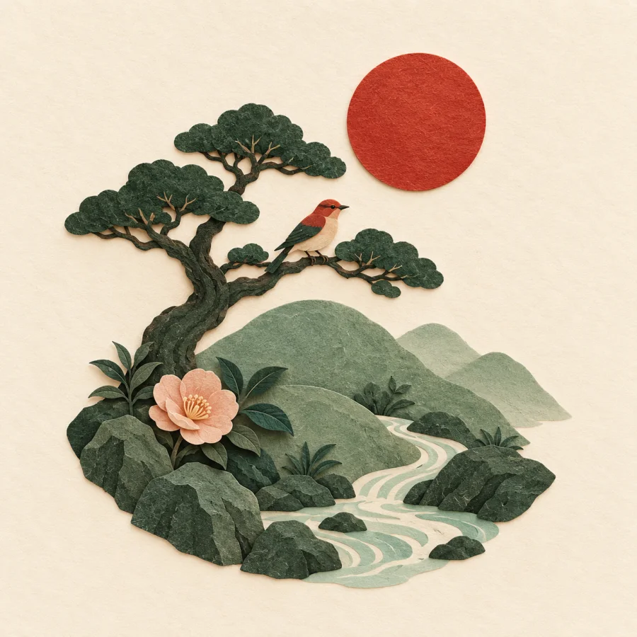A sun above a hill, trees, a bird and flowers