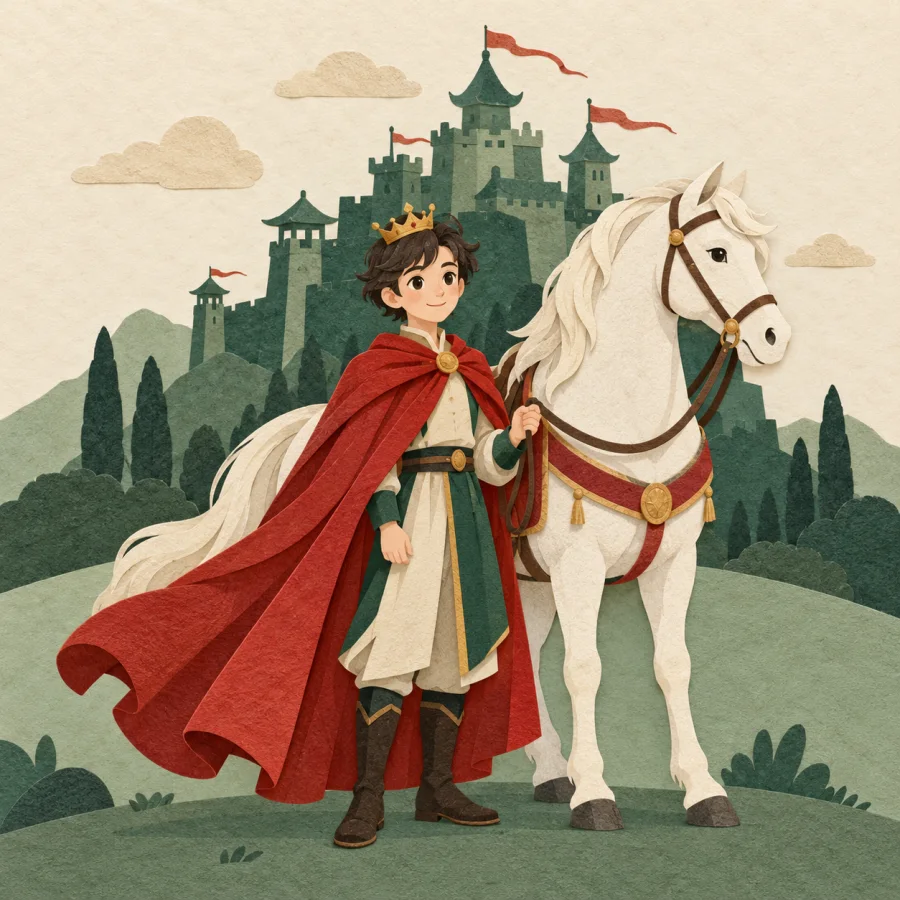 A youth in a crown stands by a castle next to a white horse