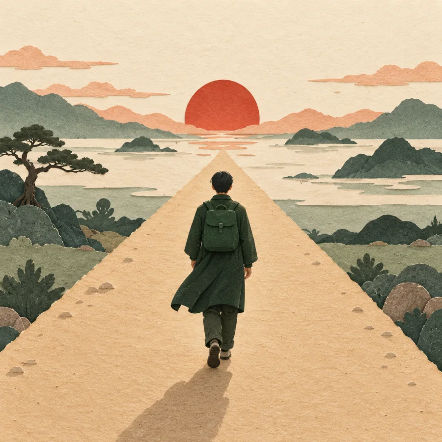 A person walks on a road leading ahead to the horizon