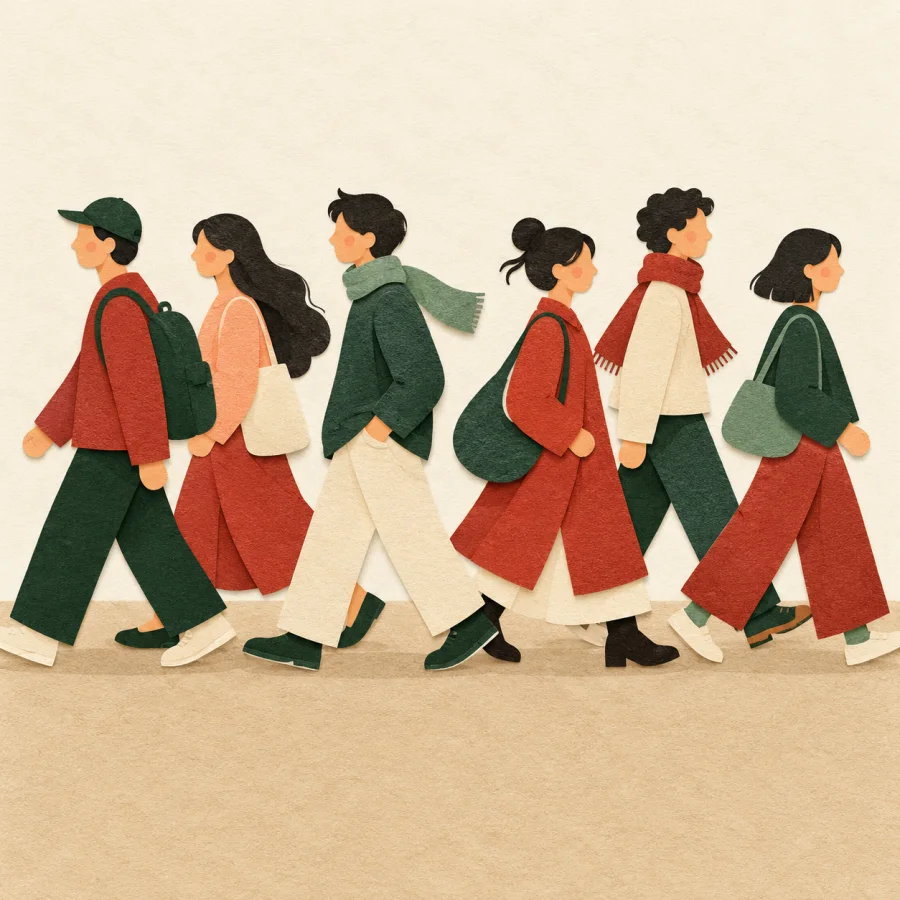 Passers-by walk in both directions along a busy street