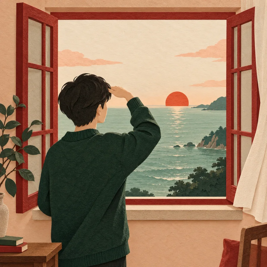 A person stands at a window gazing at the distant sea