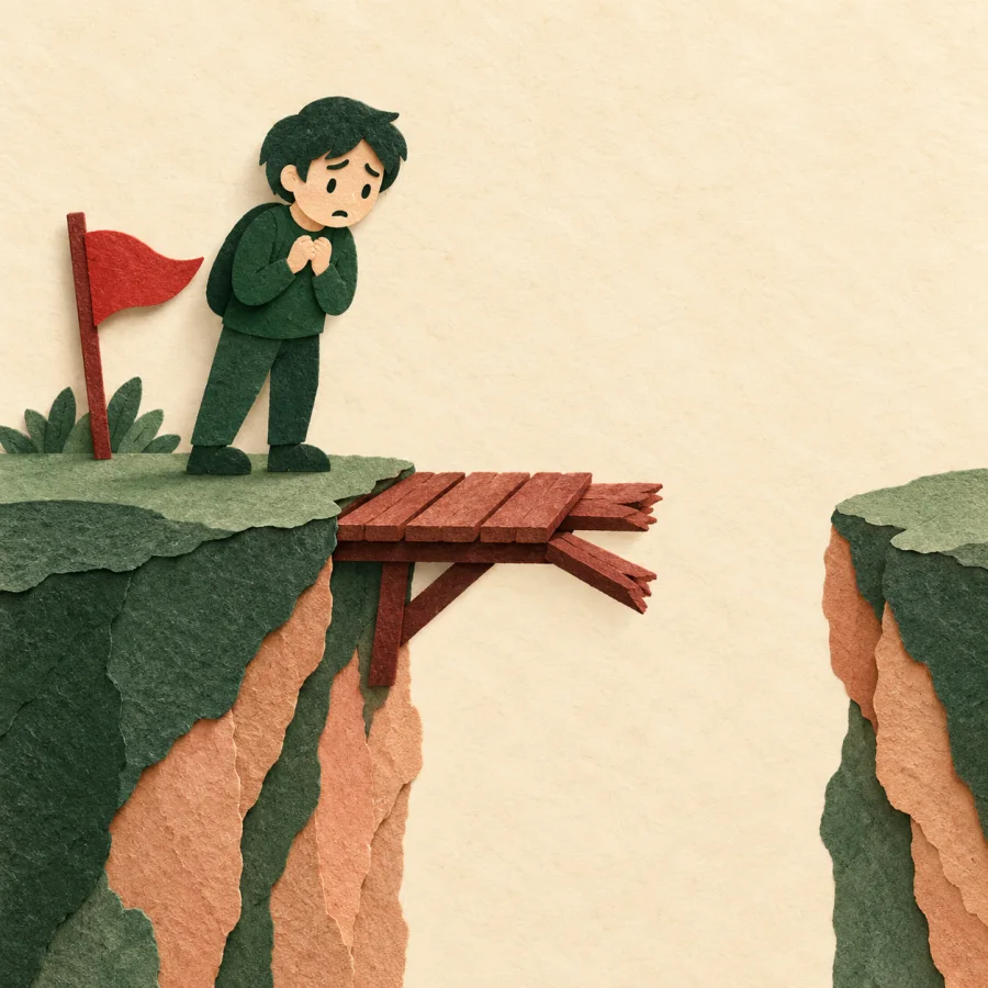 A person stands at a cliff edge where a bridge has fallen