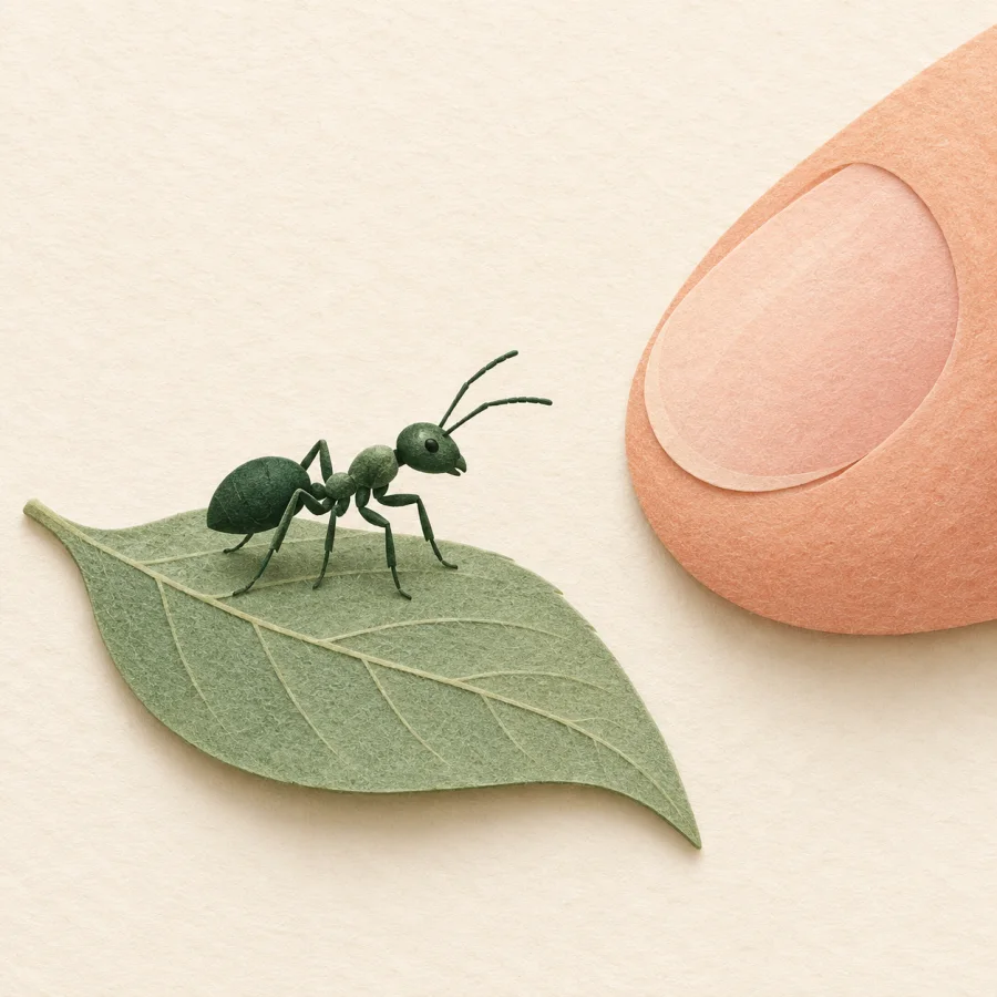 An ant on a leaf beside a large hand