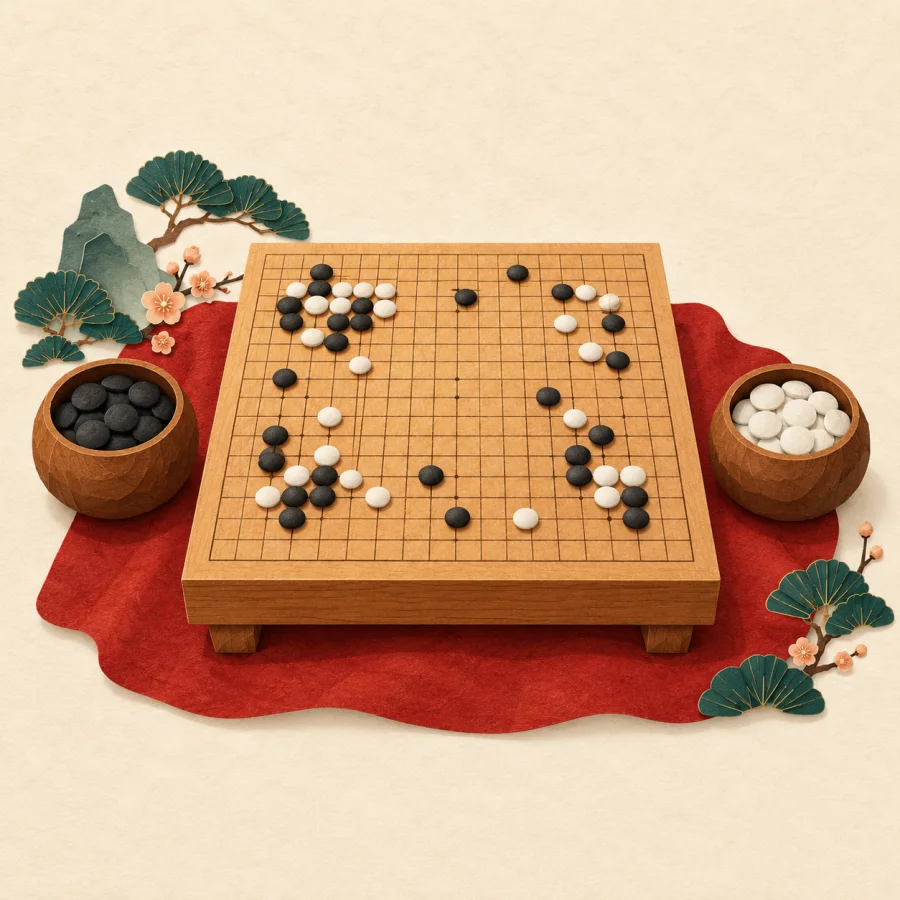 Black and white stones on a wooden game board