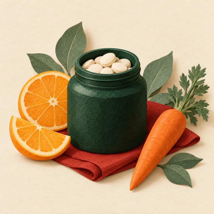 Oranges, carrots and green leaves beside a small jar
