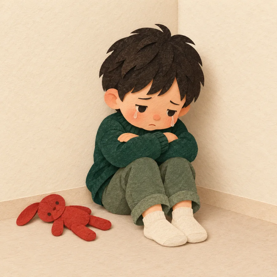 A child with a pout sits turned away in a corner