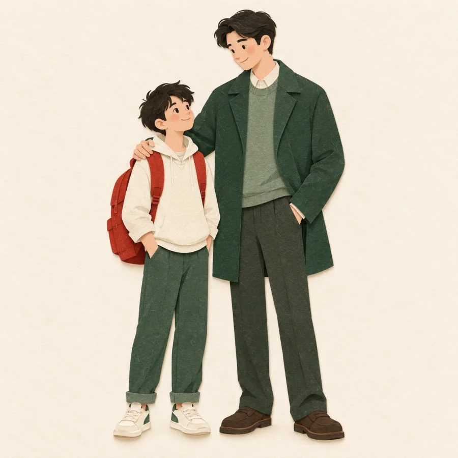 A teenager with a backpack stands beside an adult