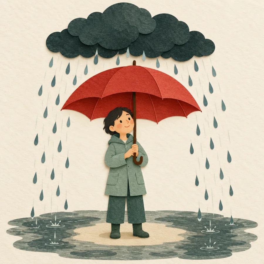 A person under a rain cloud opens a red umbrella