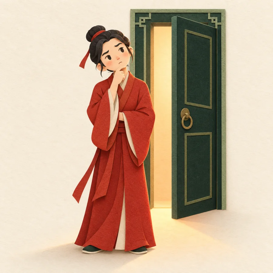 A puzzled person rests a chin on a hand by a half-open door