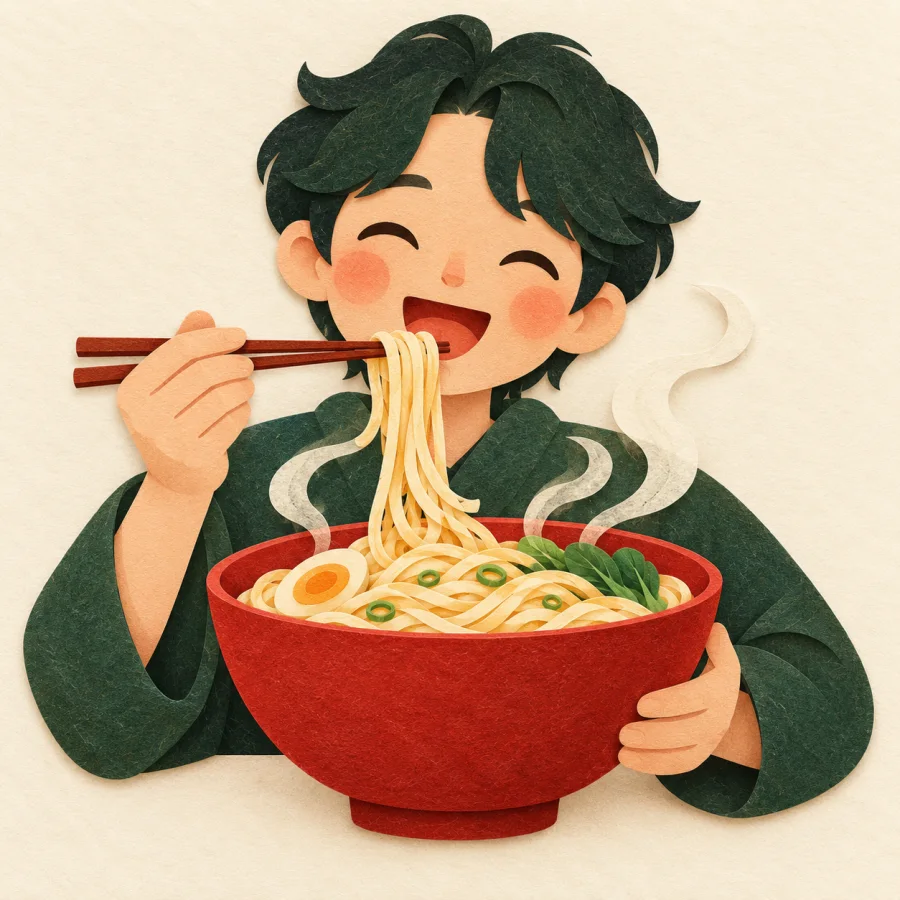 A smiling person with chopsticks over a bowl of noodles