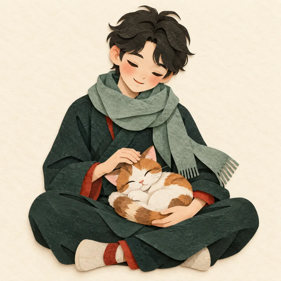 A person gently strokes a kitten on their lap
