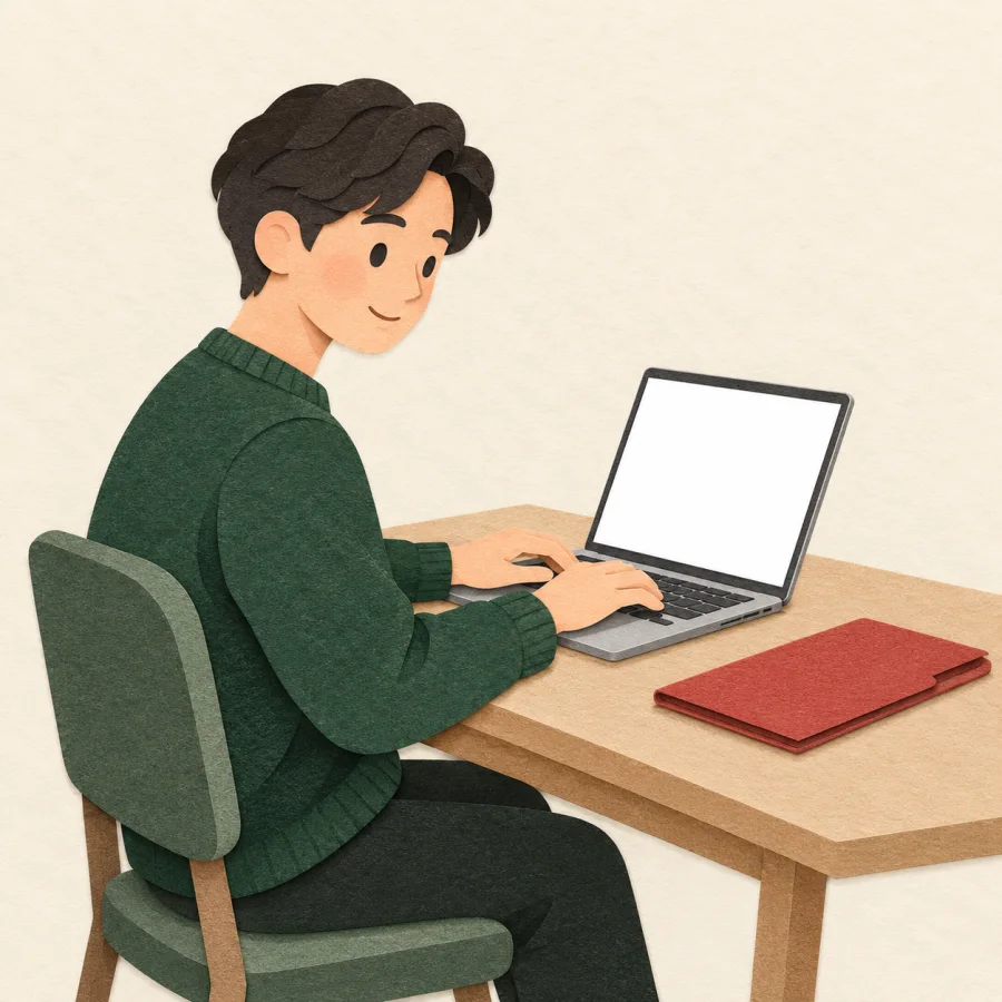 A person types on a laptop beside a folder