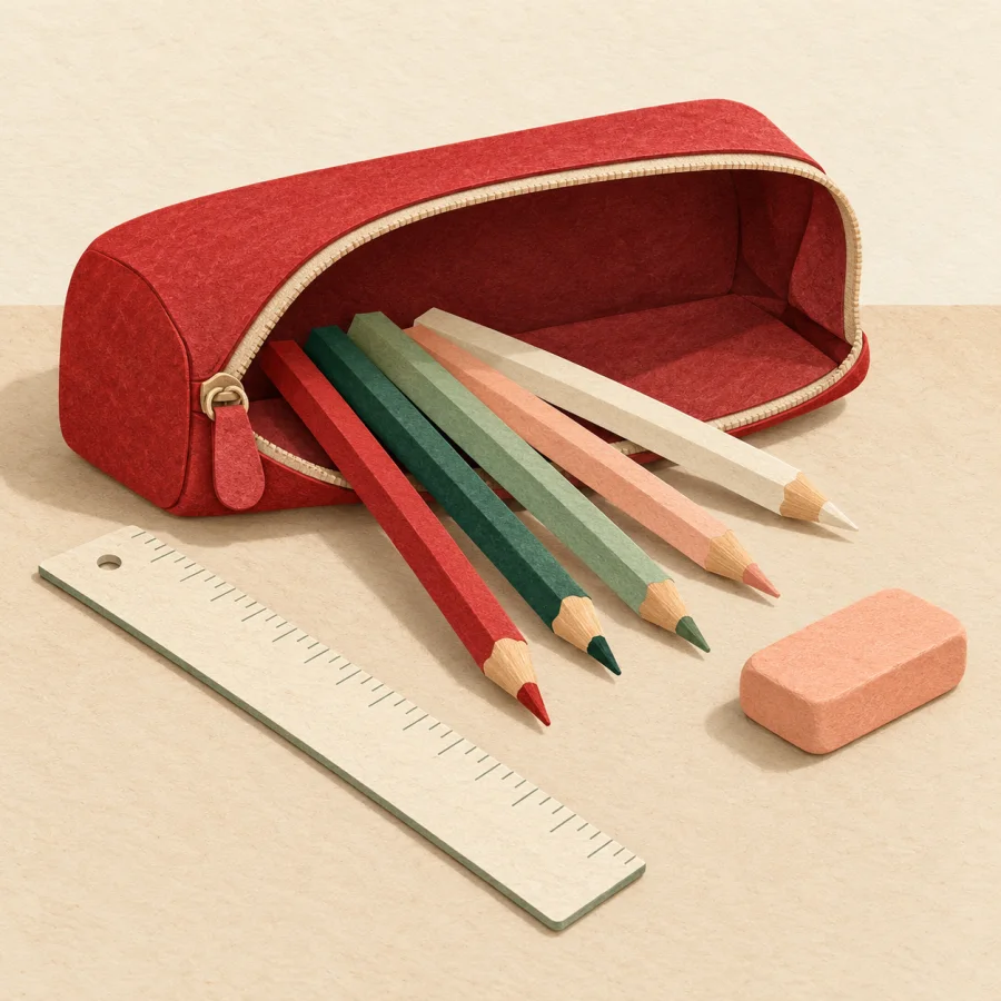 An open pencil case with pencils, a ruler and an eraser