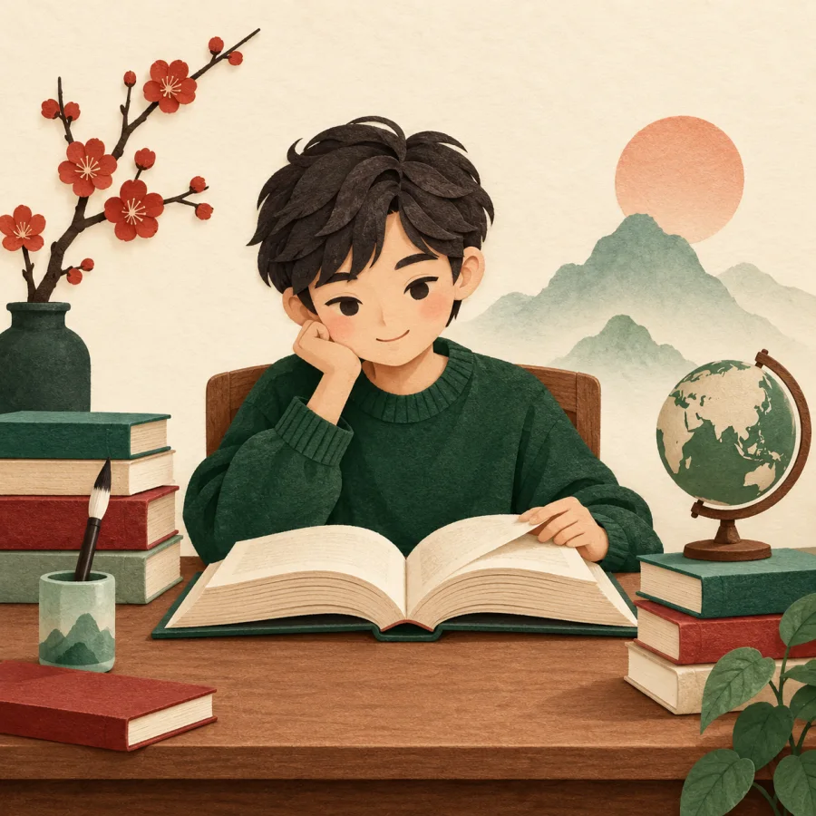 A student reads a thick book among stacks of books