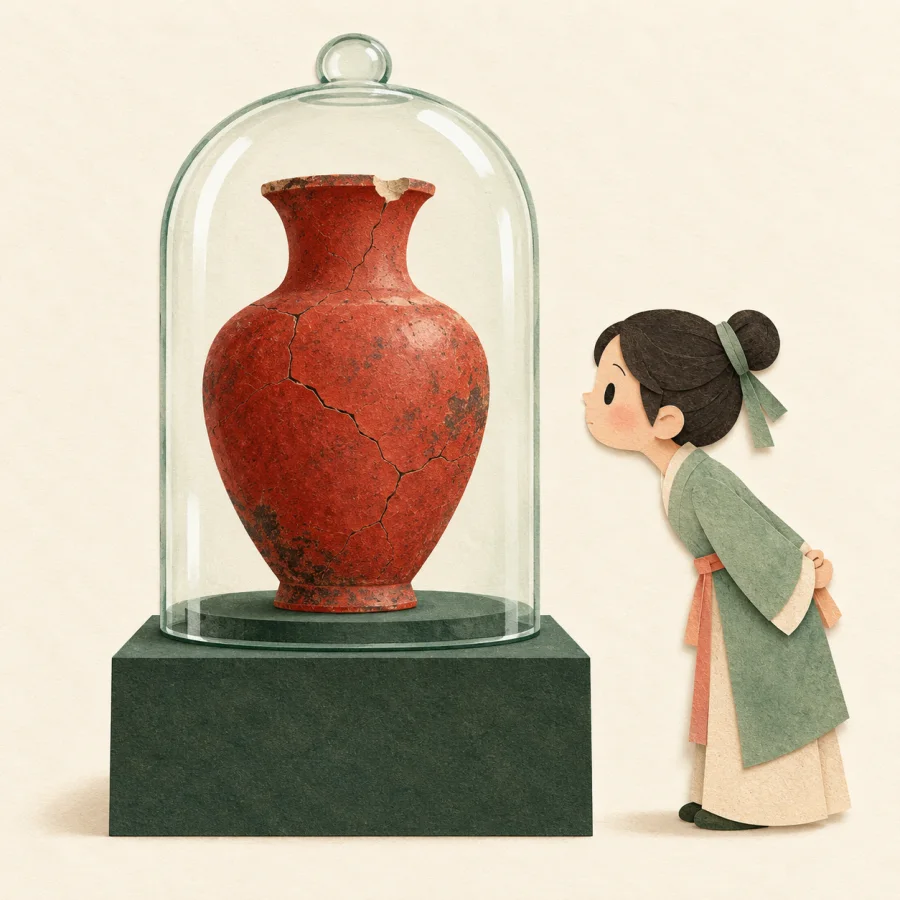 An old cracked vase under a glass cover