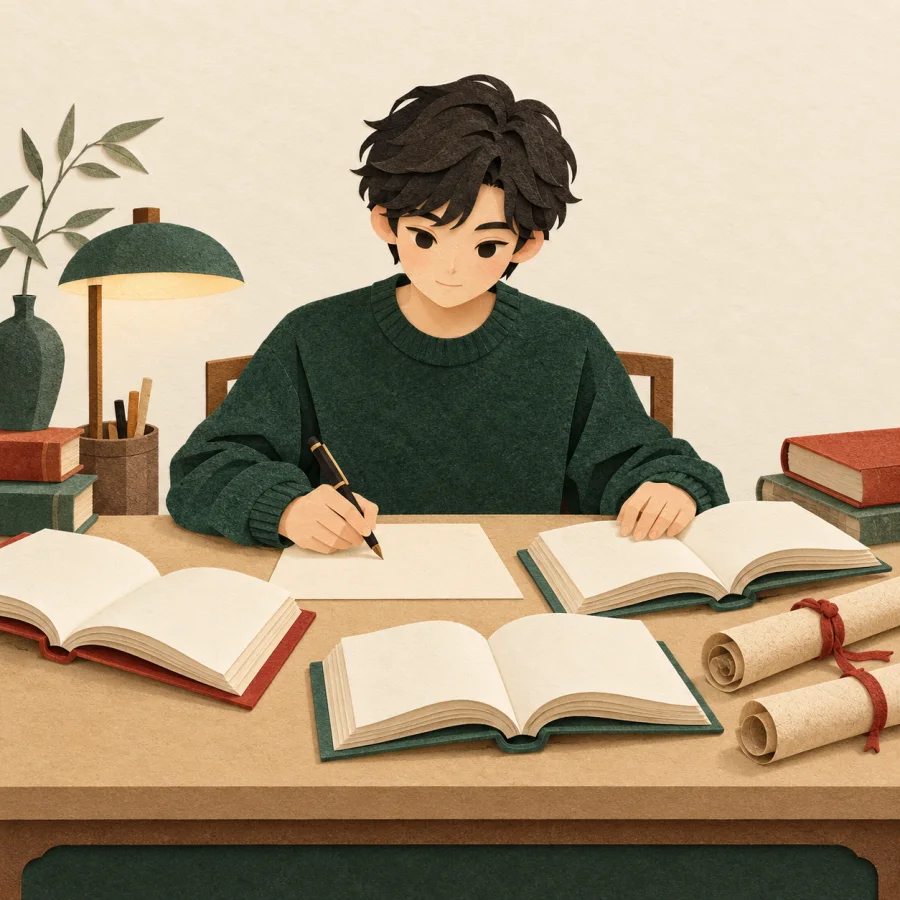 A student takes notes among open books and scrolls